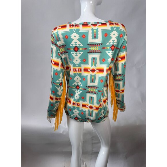 GG Western Wear Aztec Print Long Sleeve Fringe Body Suit - Picture 5 of 16